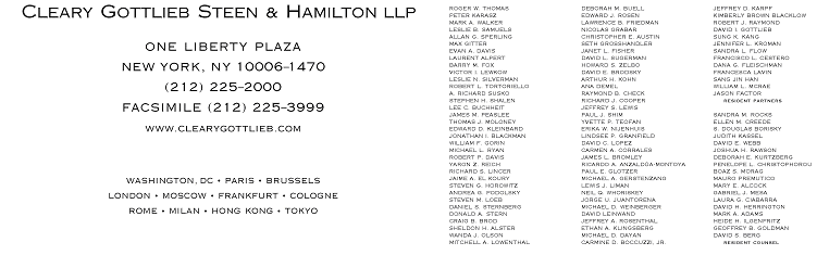 (CLEARY&nbsp;GOTTLIEB&nbsp;STEEN&nbsp;&&nbsp;HAMILTON&nbsp;LLP&nbsp;LETTERHEAD)